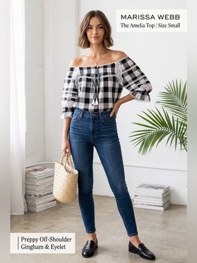 Marissa Webb Top Cotton Blouse Amelia Buffalo Plaid Eyelet trimming Size Small